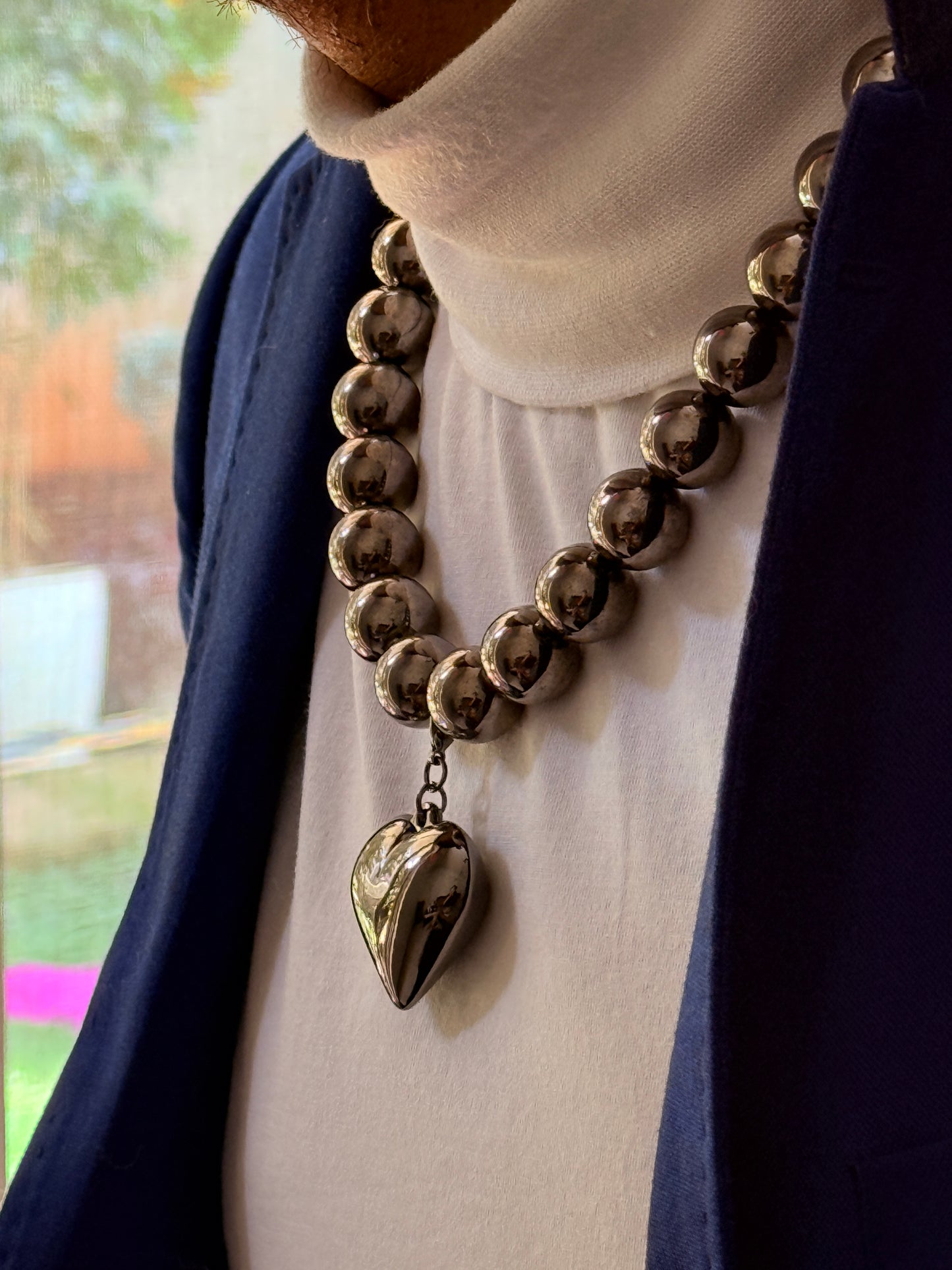 Men Gunmetal Tone Beaded Necklace with Heart Pendant