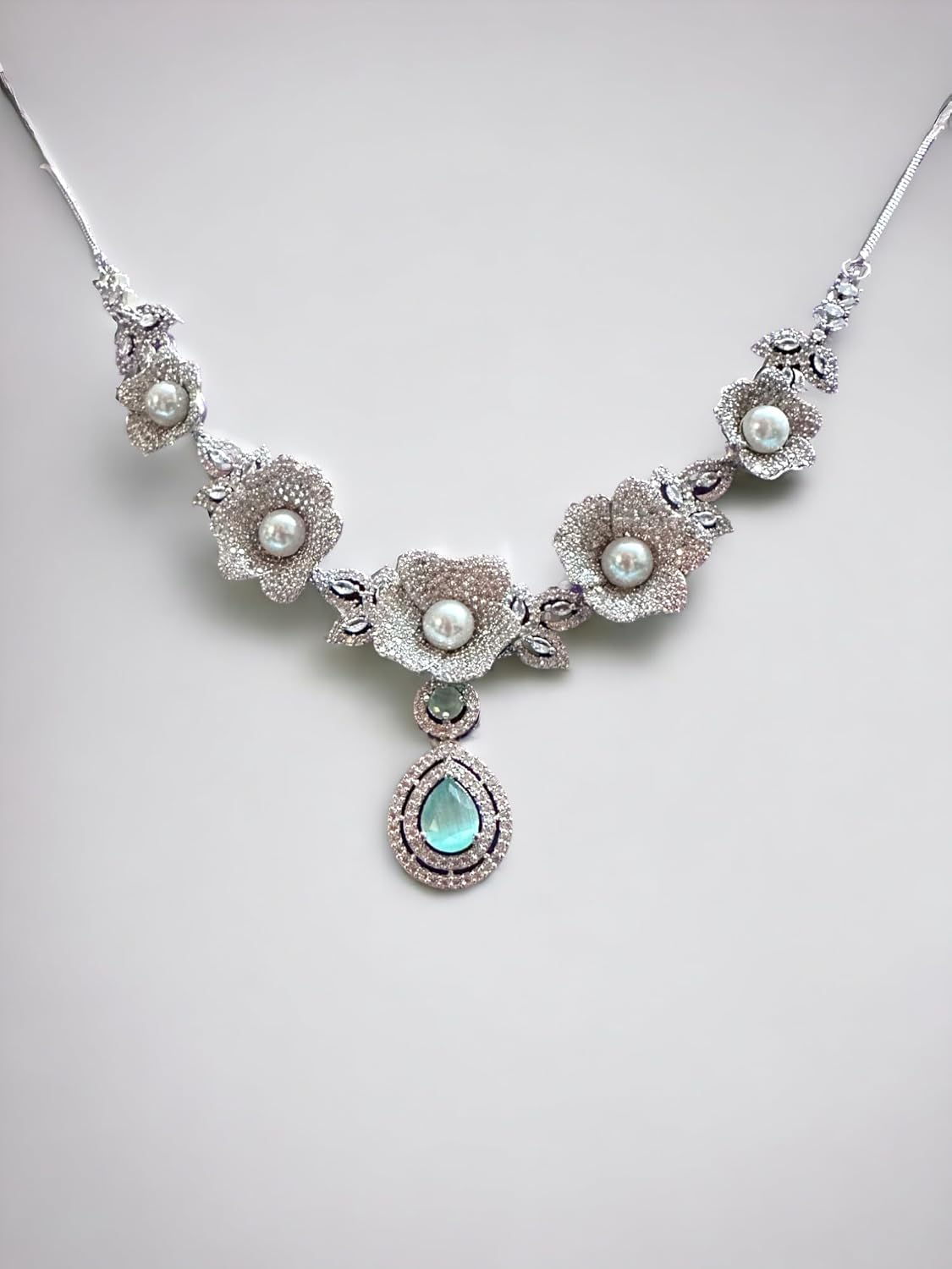 Elegant Pearl and Gemstone Necklace Set with Earrings, Rhodium Plated