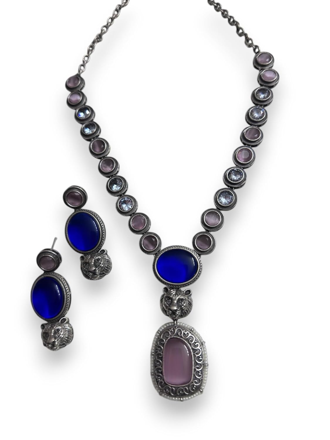 Vintage Style Necklace and Earring Set, Blue Crystal and Tiger Charm, Antique Silver Chain with Pink and Blue Stones