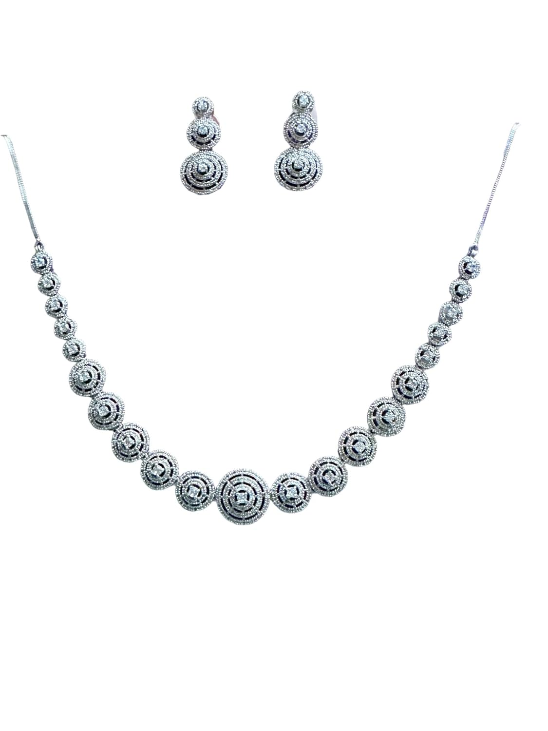 Rhinestone Necklace Set with Spiral Motif, Silver Colour