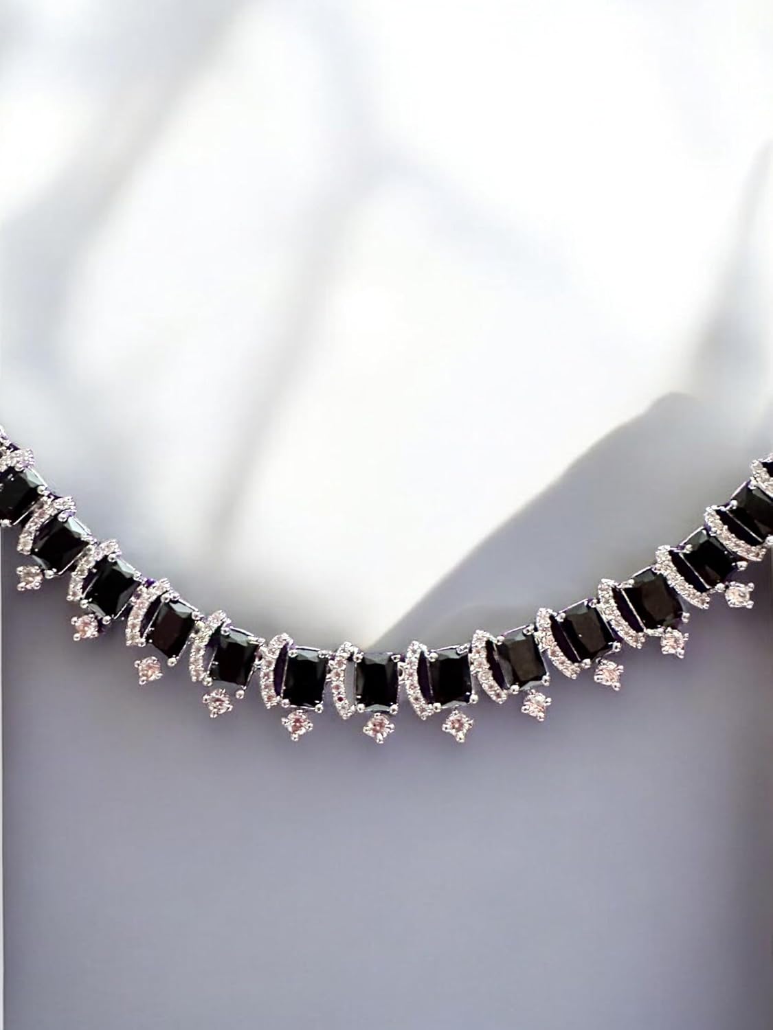 Brilliant Necklace Set with Black Gemstones, Rhodium Plating, 46 cm Length