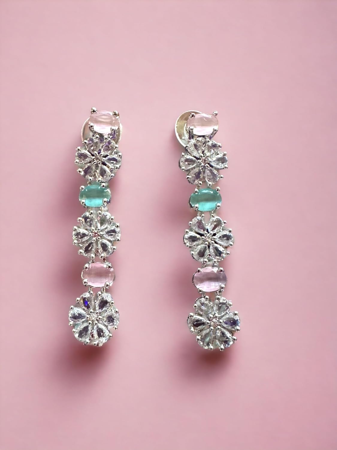 Elegant Layered Necklace and Earrings Set, Silver Tone with Crystals, Pink and Green Beads,