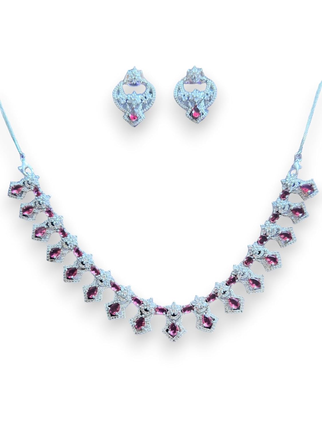 Rhodium Plated Necklace Set with Ruby Red Cubic Zirconia Stones