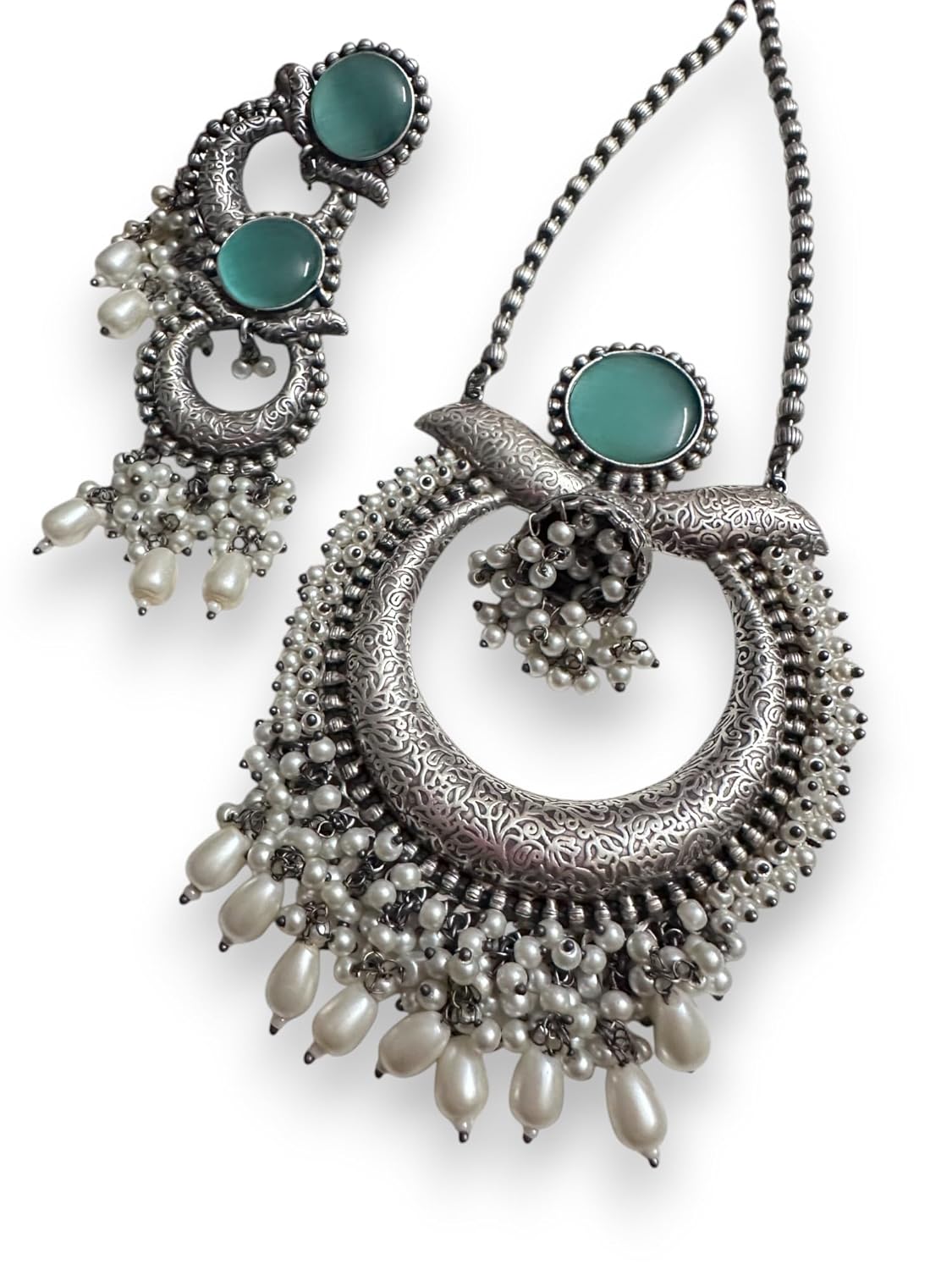 Vintage Style Oxidized Silver Necklace Set with Turquoise Stones, Pearl Drops, Ethnic Chandbaali Design