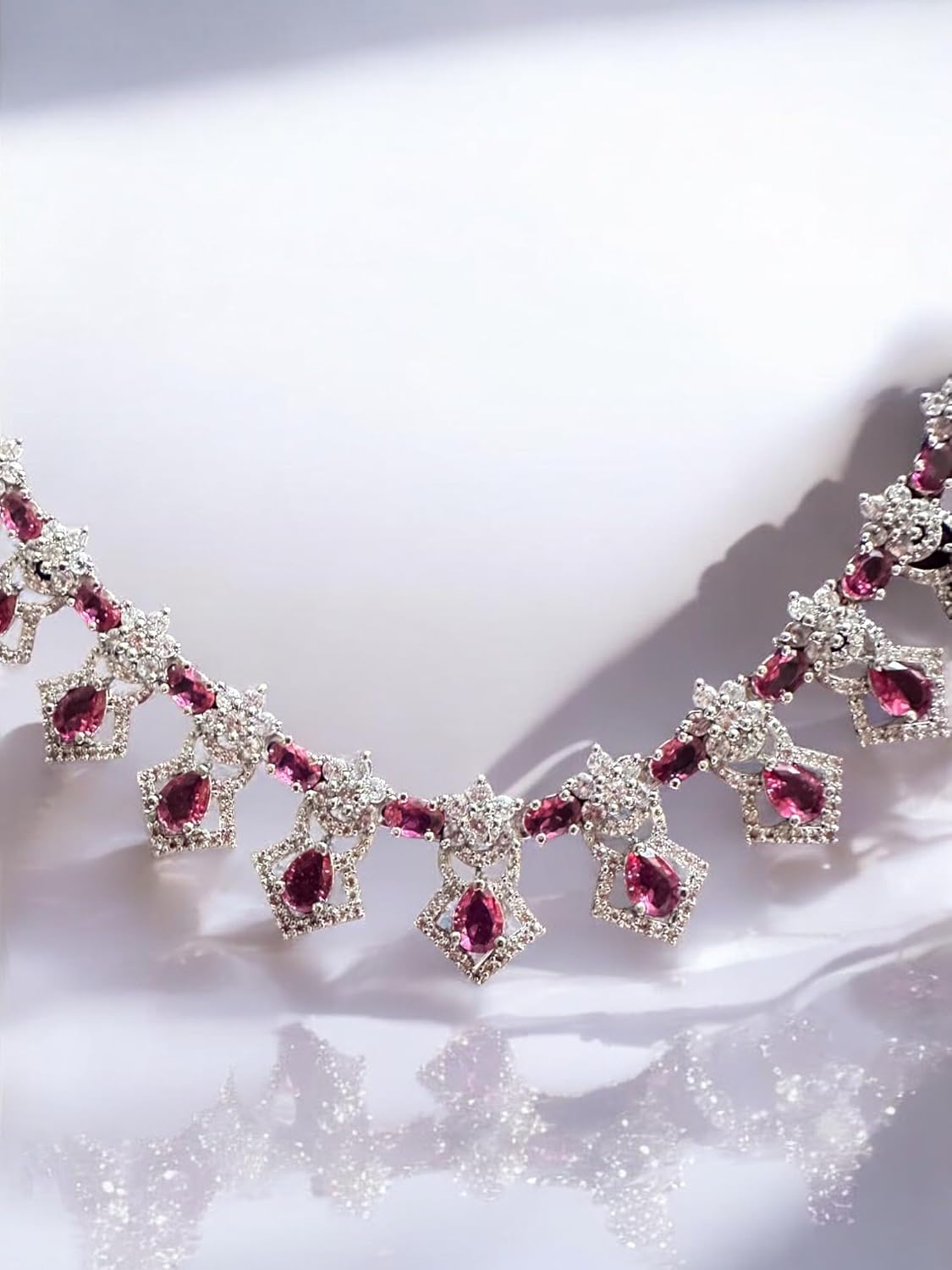 Rhodium Plated Necklace Set with Ruby Red Cubic Zirconia Stones