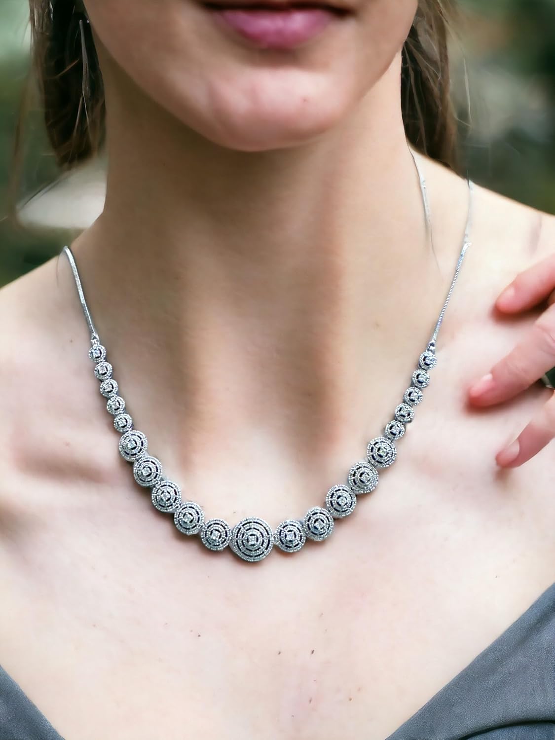 Rhinestone Necklace Set with Spiral Motif, Silver Colour