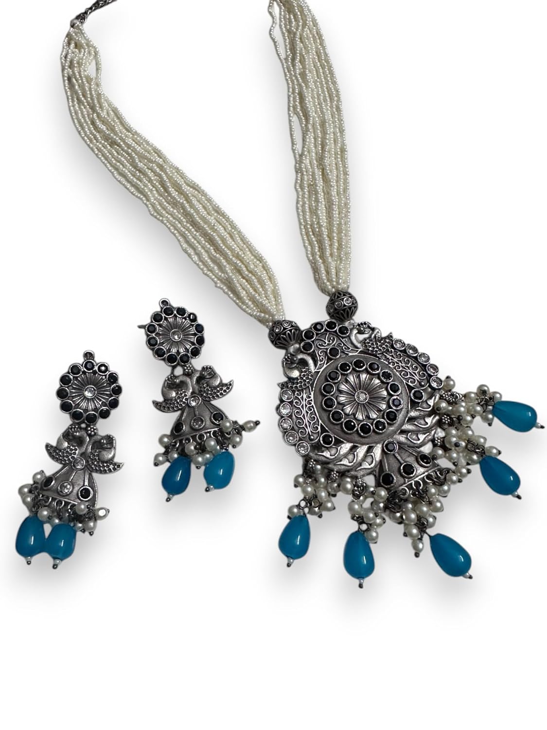 Antique Silver Pendant Necklace Set, Blue Teardrop Beads, Pearl Strings, Oxidised Floral Design