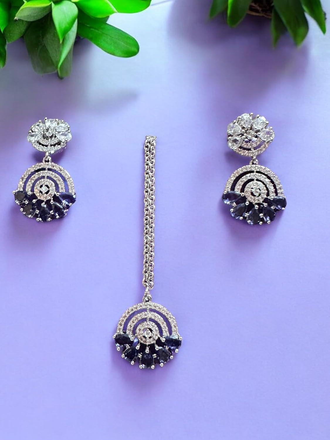 Glamorous Rhinestone-Studded Necklace and Earrings Set, Deep Purple Colour