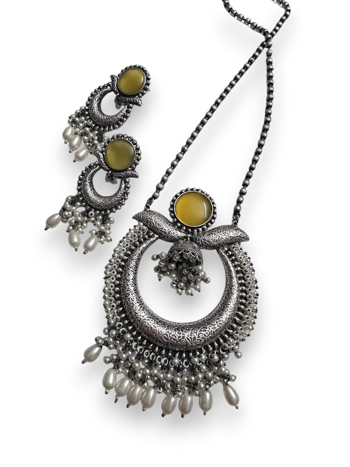 Oxidised Silver Crescent Pendant Necklace and Earring Set with Yellow Stone and Pearl Drops, Traditional Ethnic Design