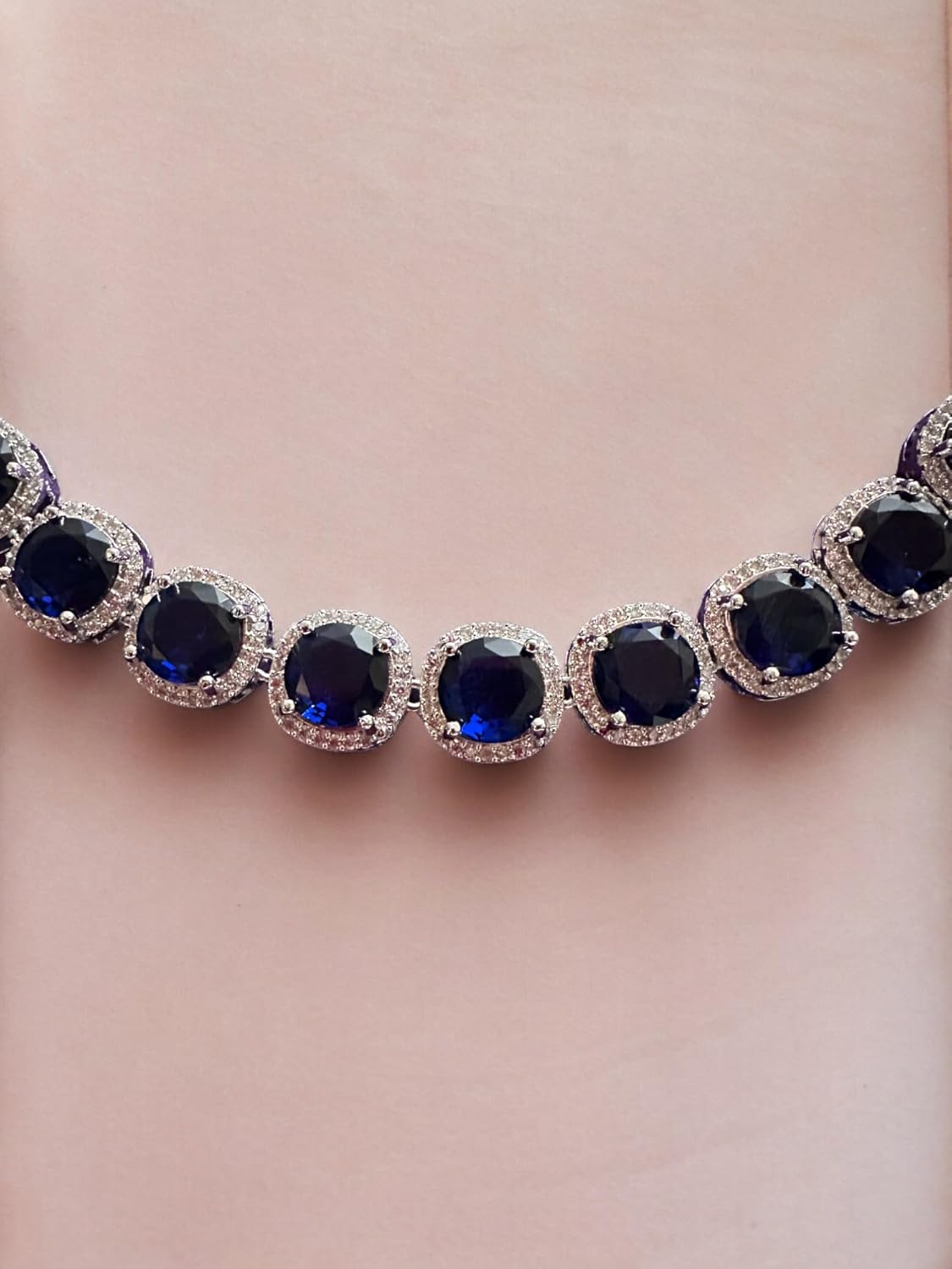 Sterling Silver Necklace and Earrings Set with Blue Sapphire Stones, Halo Design