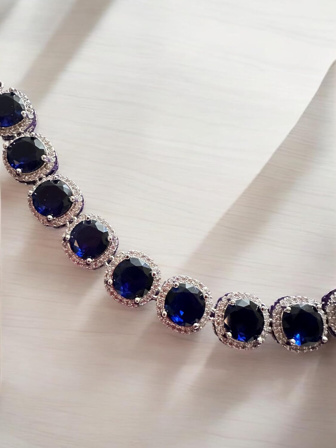 Sterling Silver Necklace and Earrings Set with Blue Sapphire Stones, Halo Design