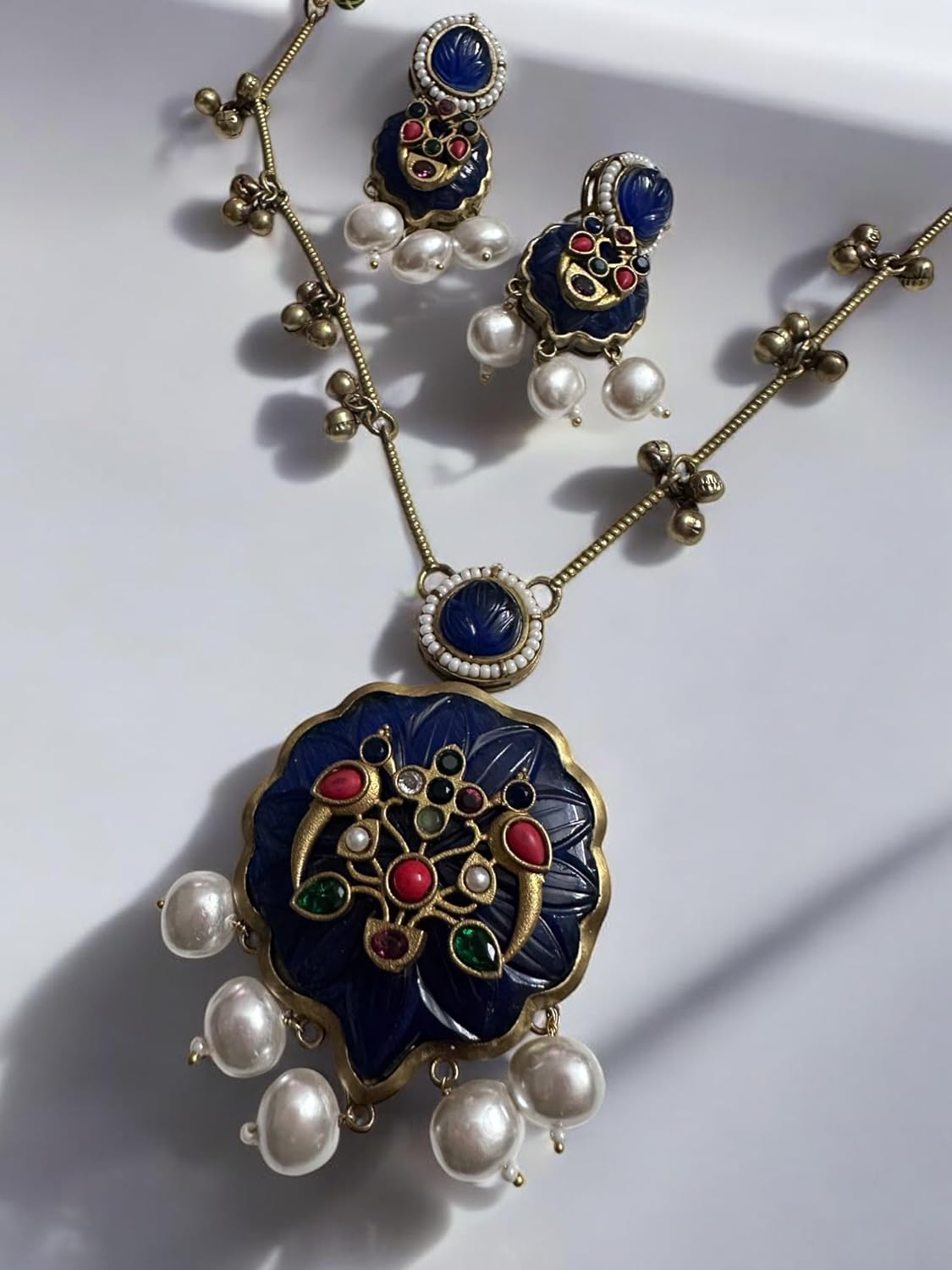 Vintage Style Jewellery Set, Navy Blue Enamel Pendant Necklace with Pearl Drops and Matching Earrings, Antique Bronze Finish