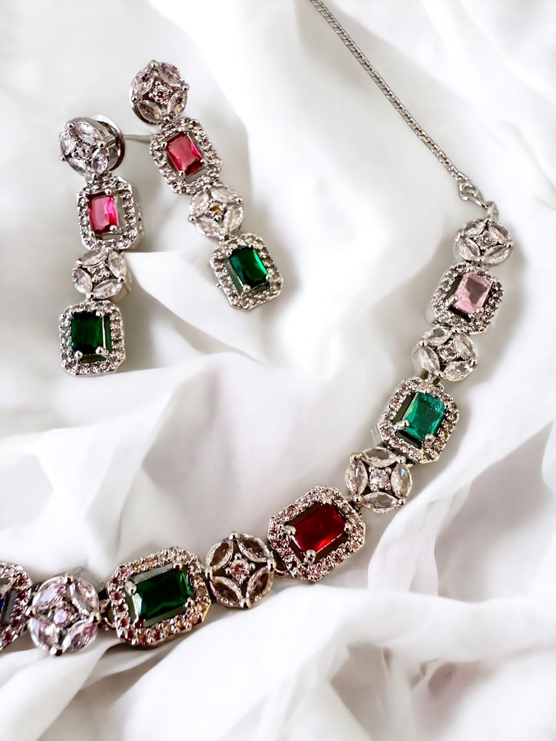 Multicolour Stone Studded Necklace and Earring Set