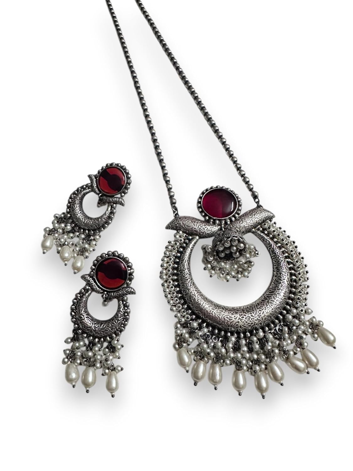 Oxidised Chandbaali Necklace Set with Red Stone and Pearl Drops, Traditional Indian Jewellery