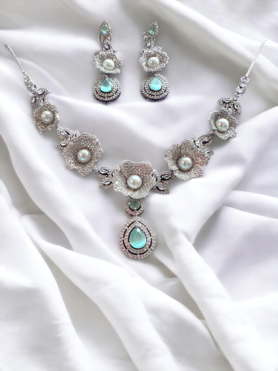 Elegant Pearl and Gemstone Necklace Set with Earrings, Rhodium Plated