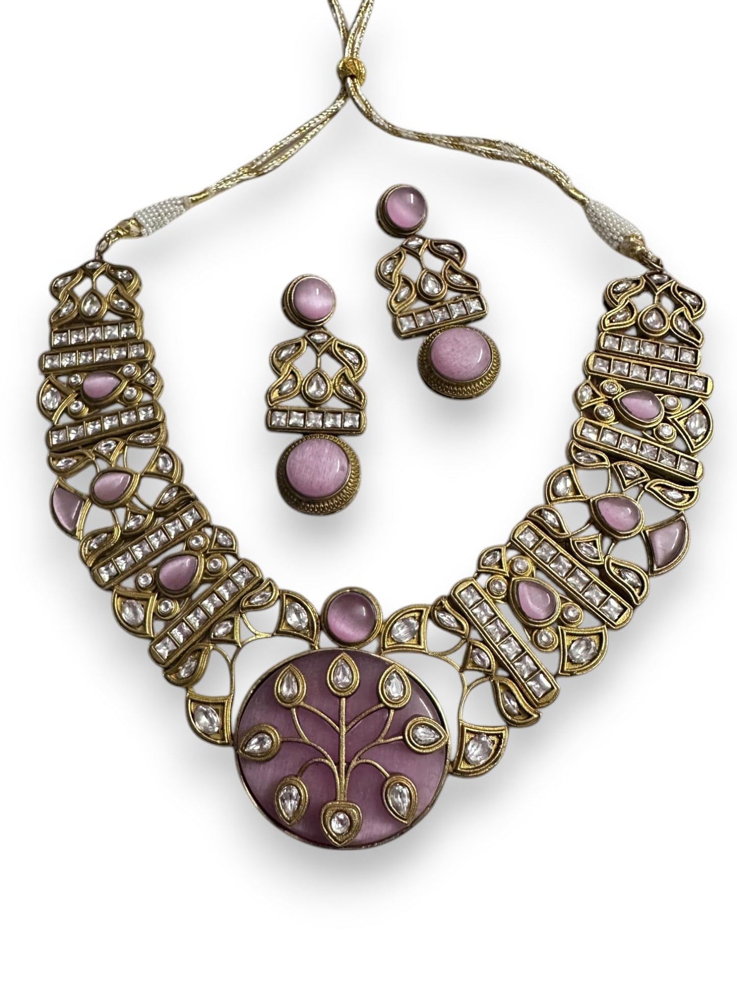 Vintage Style Multi-Gemstone Necklace and Earring Set, Antique Gold Finish, Yellow Jade Centre Medallion