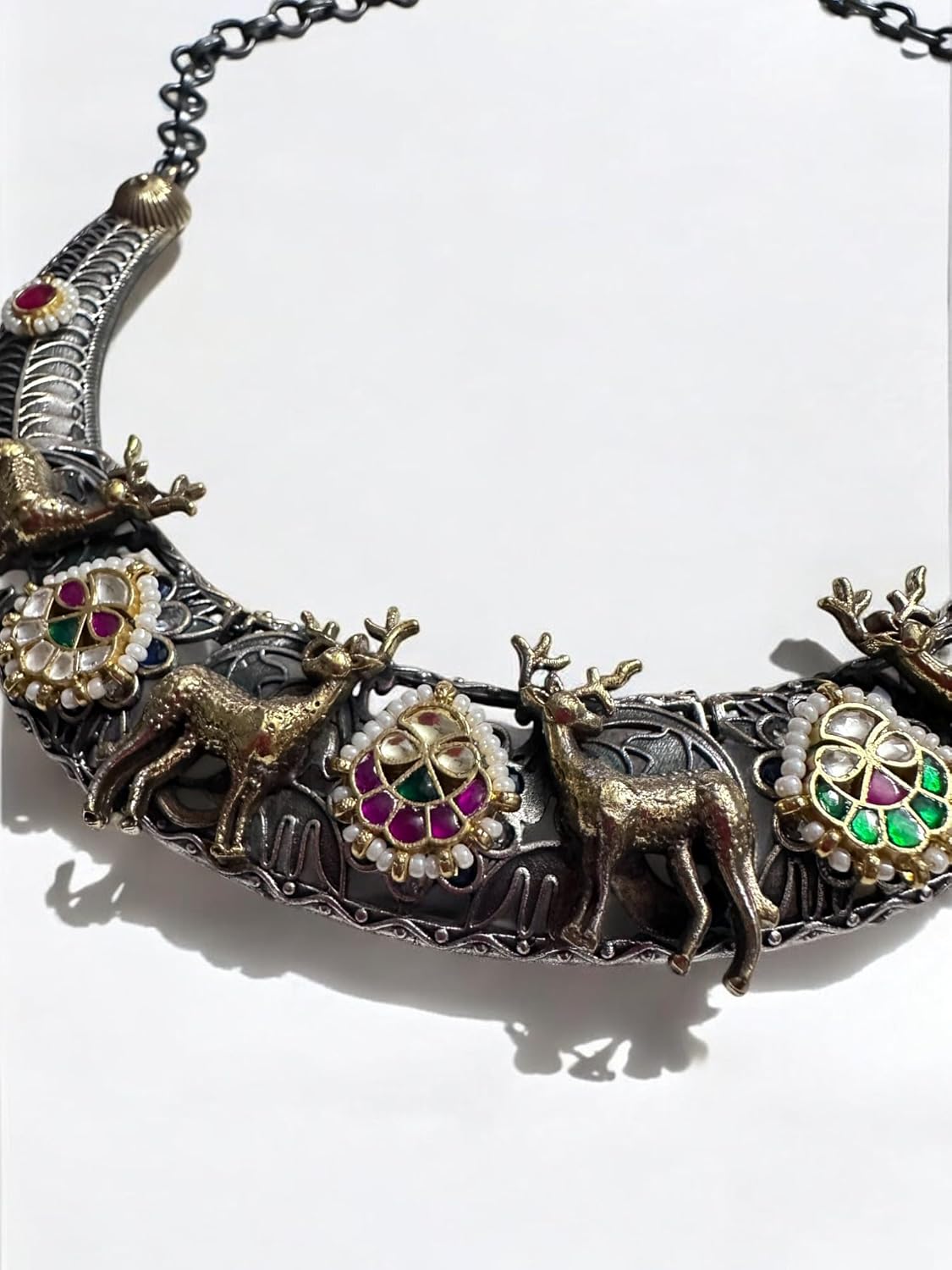 Vintage Style Elephant Motif Necklace and Earrings Set, Oxidised Tone, Multi-Colour Gemstones, Crescent Design