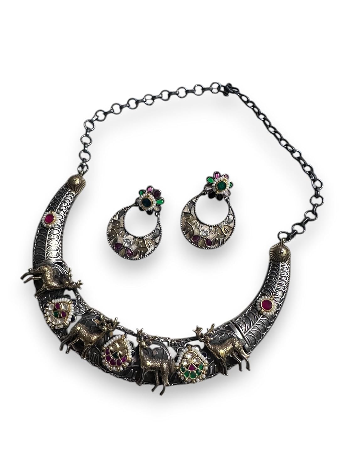 Vintage Style Elephant Motif Necklace and Earrings Set, Oxidised Tone, Multi-Colour Gemstones, Crescent Design