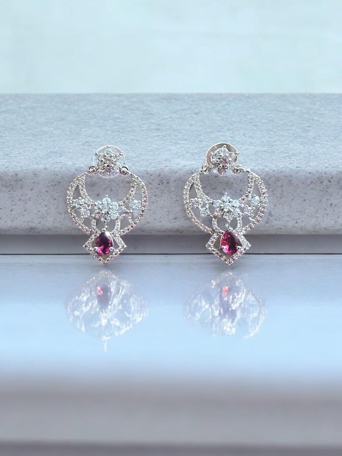 Rhodium Plated Necklace Set with Ruby Red Cubic Zirconia Stones