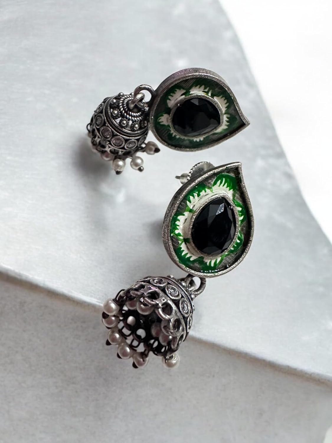 Vintage Style Oxidized Silver Necklace and Earring Set with Green Glass Pendant, Jhumka Danglers