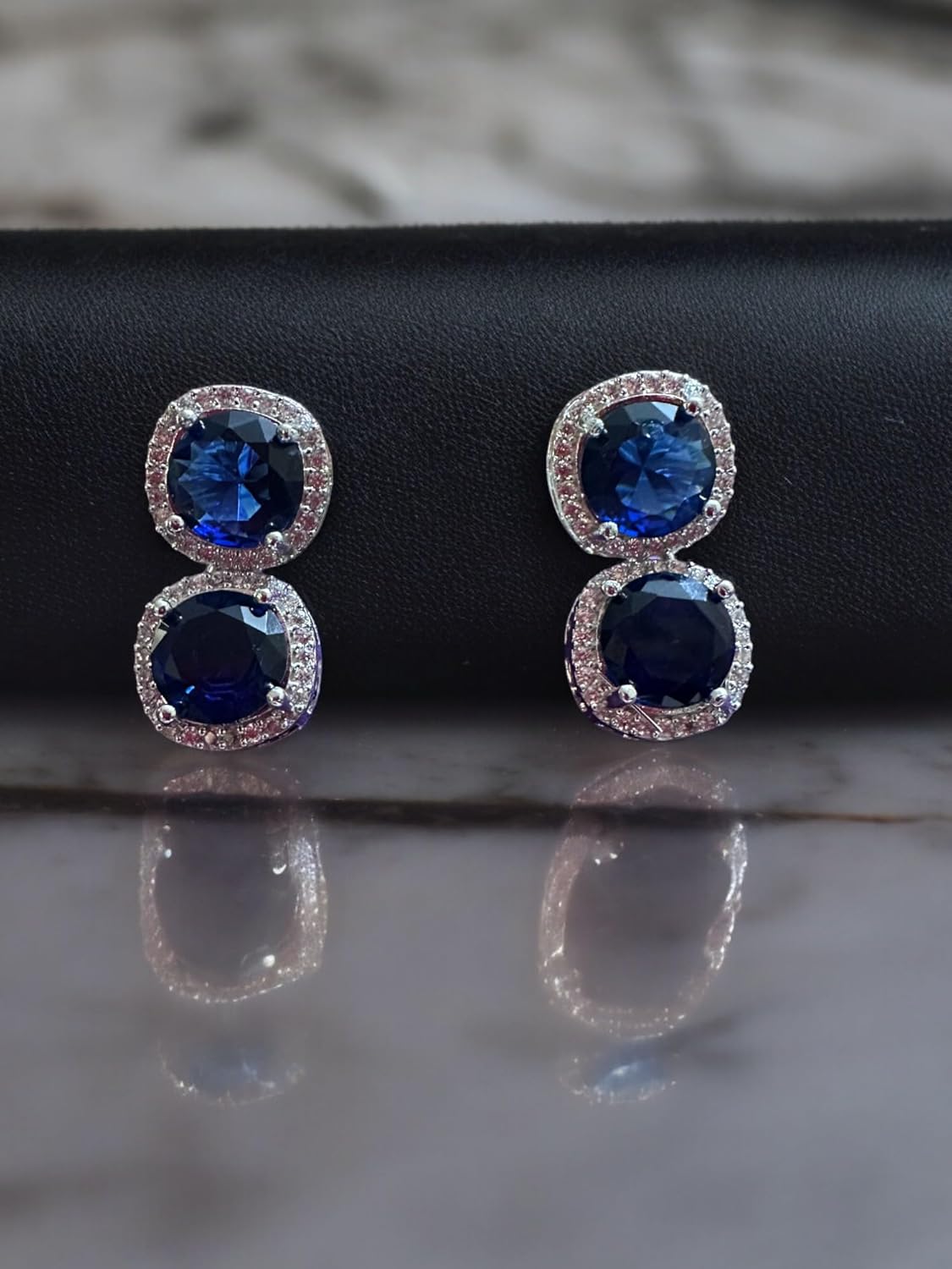 Sterling Silver Necklace and Earrings Set with Blue Sapphire Stones, Halo Design