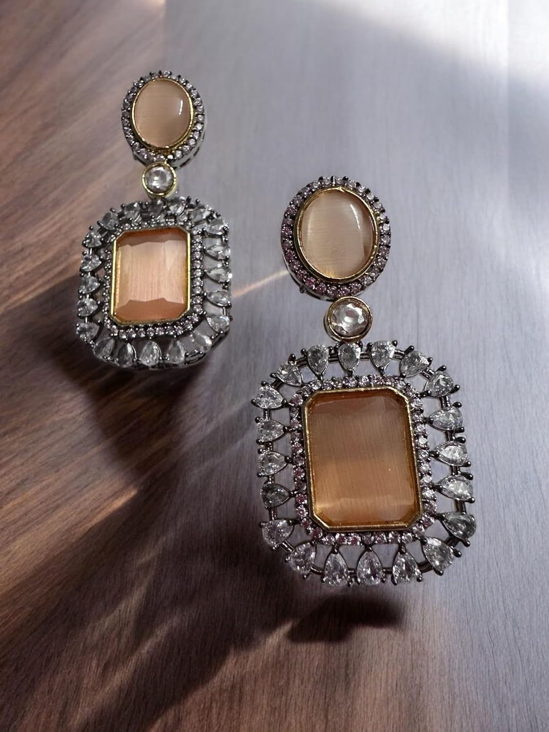 Vintage Style Crystal Necklace and Earrings Set, Peach Stone, Silver-Tone Metal, Rhinestone Embellished