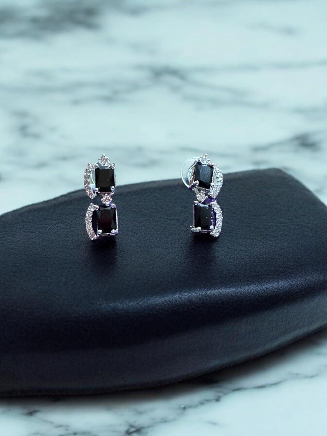 Brilliant Necklace Set with Black Gemstones, Rhodium Plating, 46 cm Length