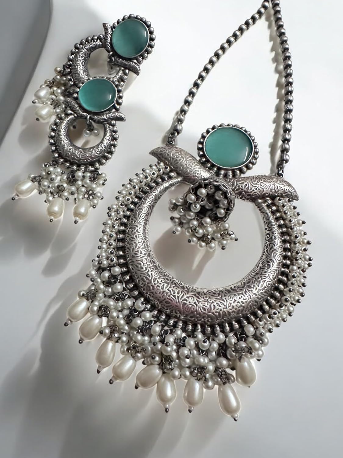 Vintage Style Oxidized Silver Necklace Set with Turquoise Stones, Pearl Drops, Ethnic Chandbaali Design