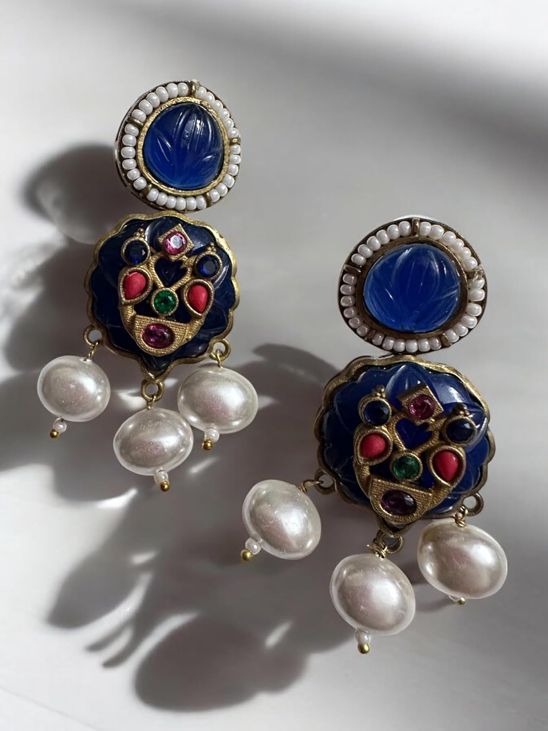 Vintage Style Jewellery Set, Navy Blue Enamel Pendant Necklace with Pearl Drops and Matching Earrings, Antique Bronze Finish