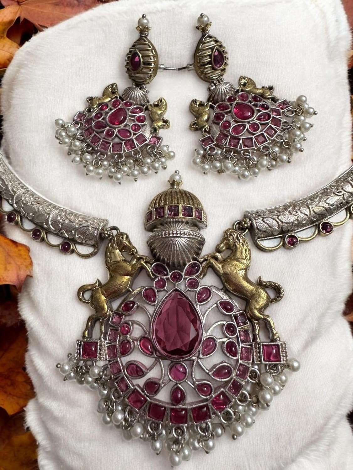 Vintage Style Ruby Red Gemstone Necklace and Earrings Set, Pearl Accents