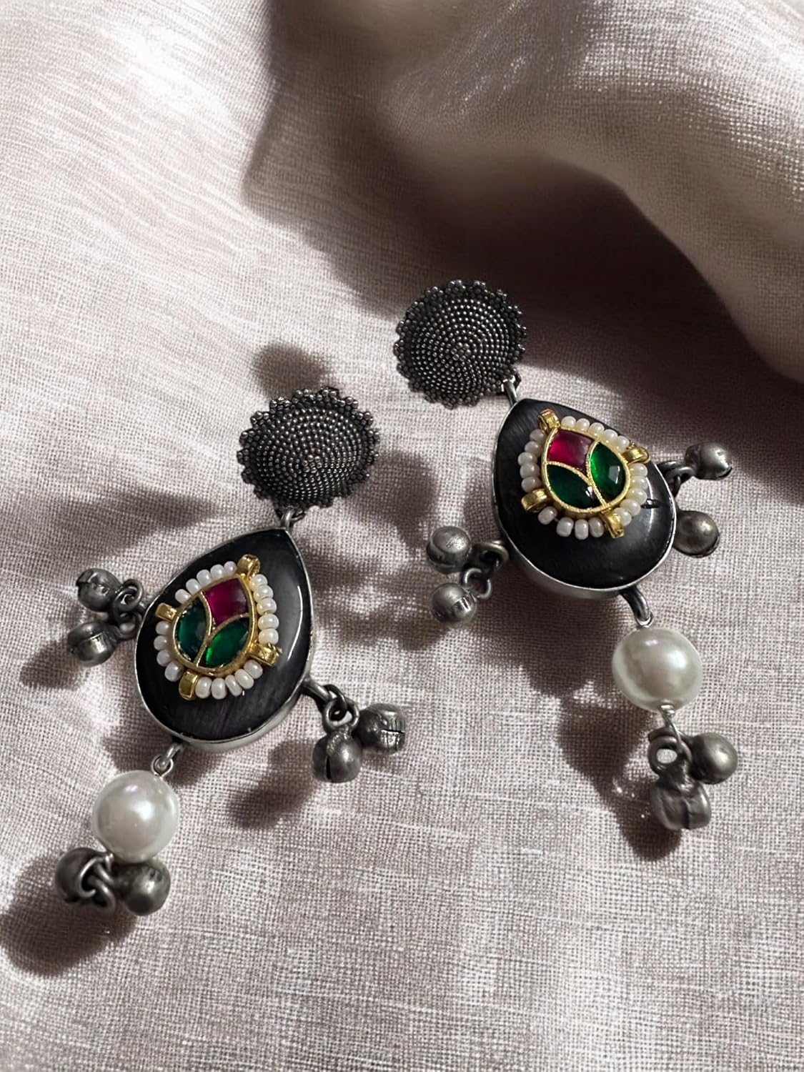 Vintage Style Choker Necklace Set with Earrings, Black Thread, Pearl Drops, Green and Pink Gemstones, Antique Silver Finish