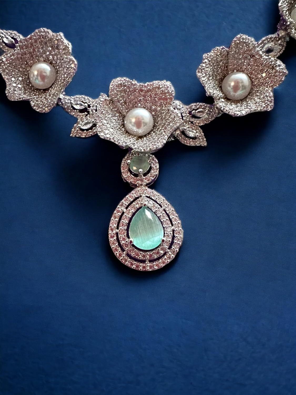 Elegant Pearl and Gemstone Necklace Set with Earrings, Rhodium Plated