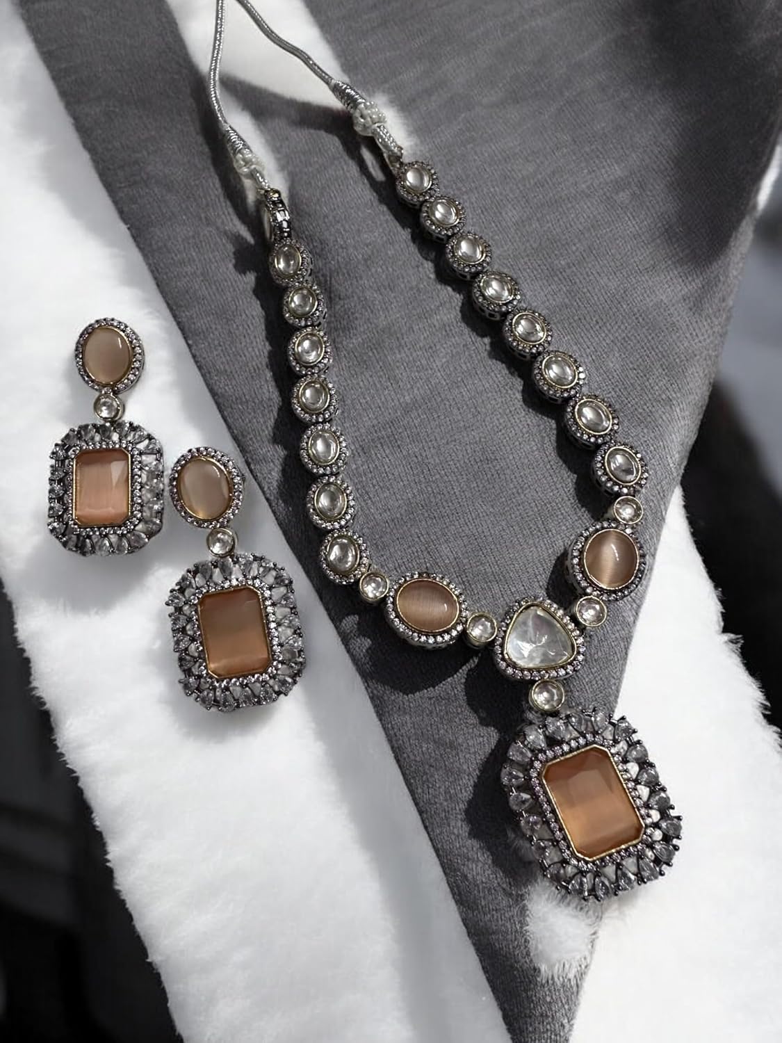 Vintage Style Crystal Necklace and Earrings Set, Peach Stone, Silver-Tone Metal, Rhinestone Embellished