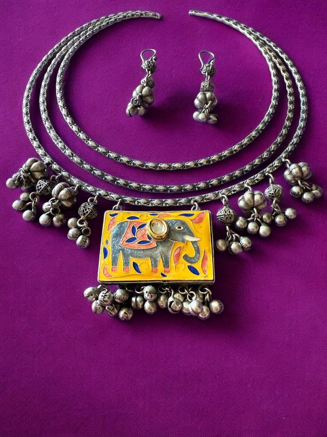 Rebekah Tribal Charm Oxidized Necklace Set with Elephant Motif