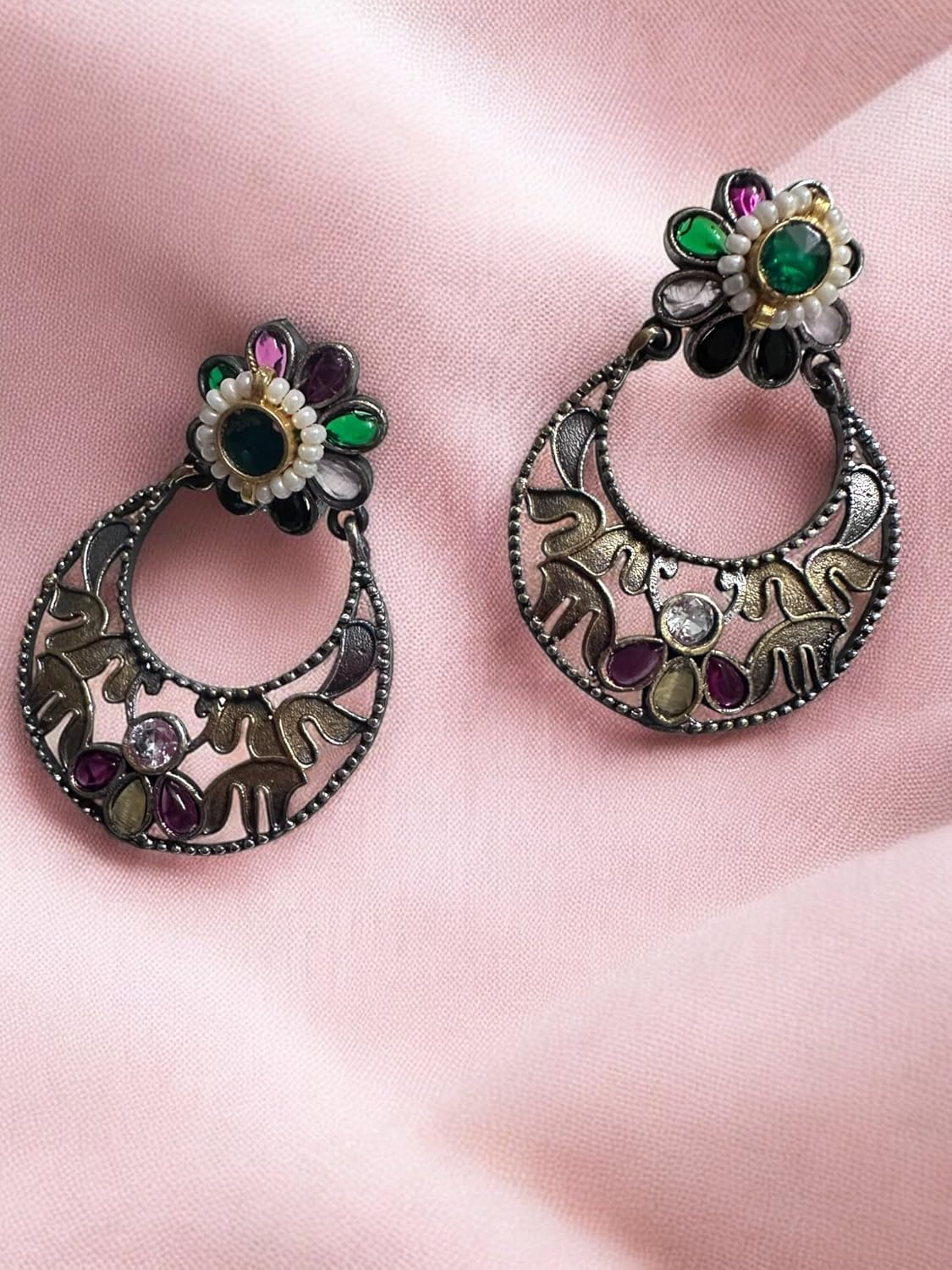 Vintage Style Elephant Motif Necklace and Earrings Set, Oxidised Tone, Multi-Colour Gemstones, Crescent Design