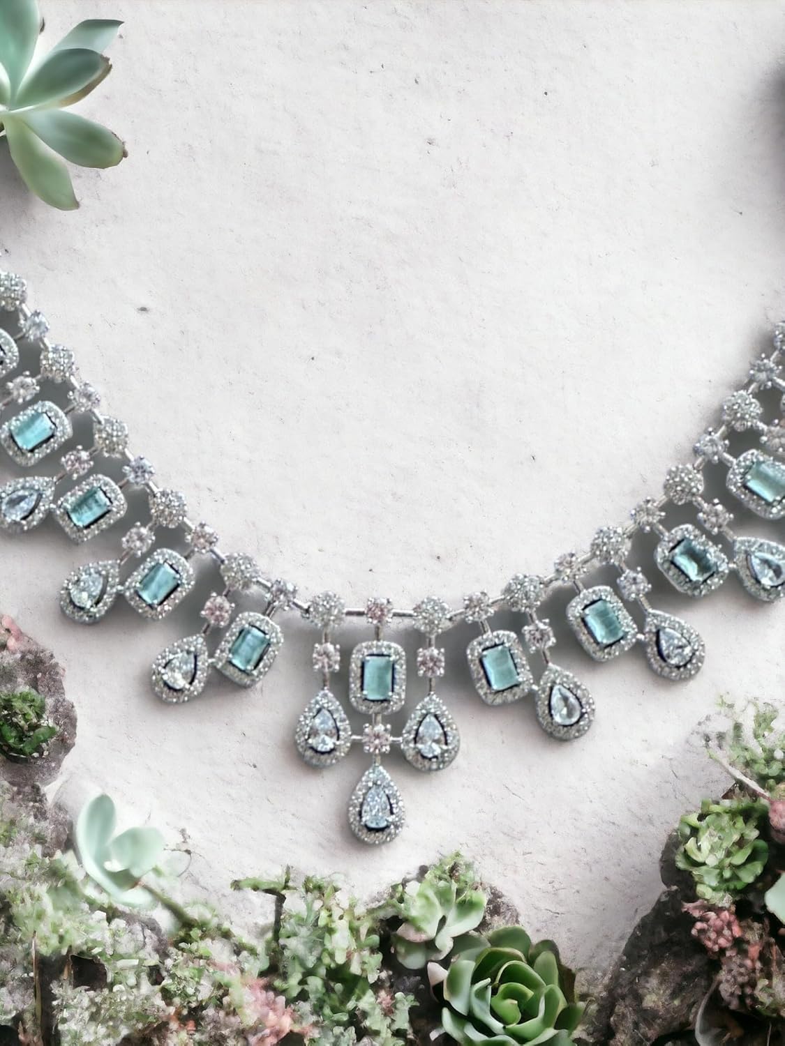 Elegant Aquamarine Gemstone Necklace Set, Rhodium Plated