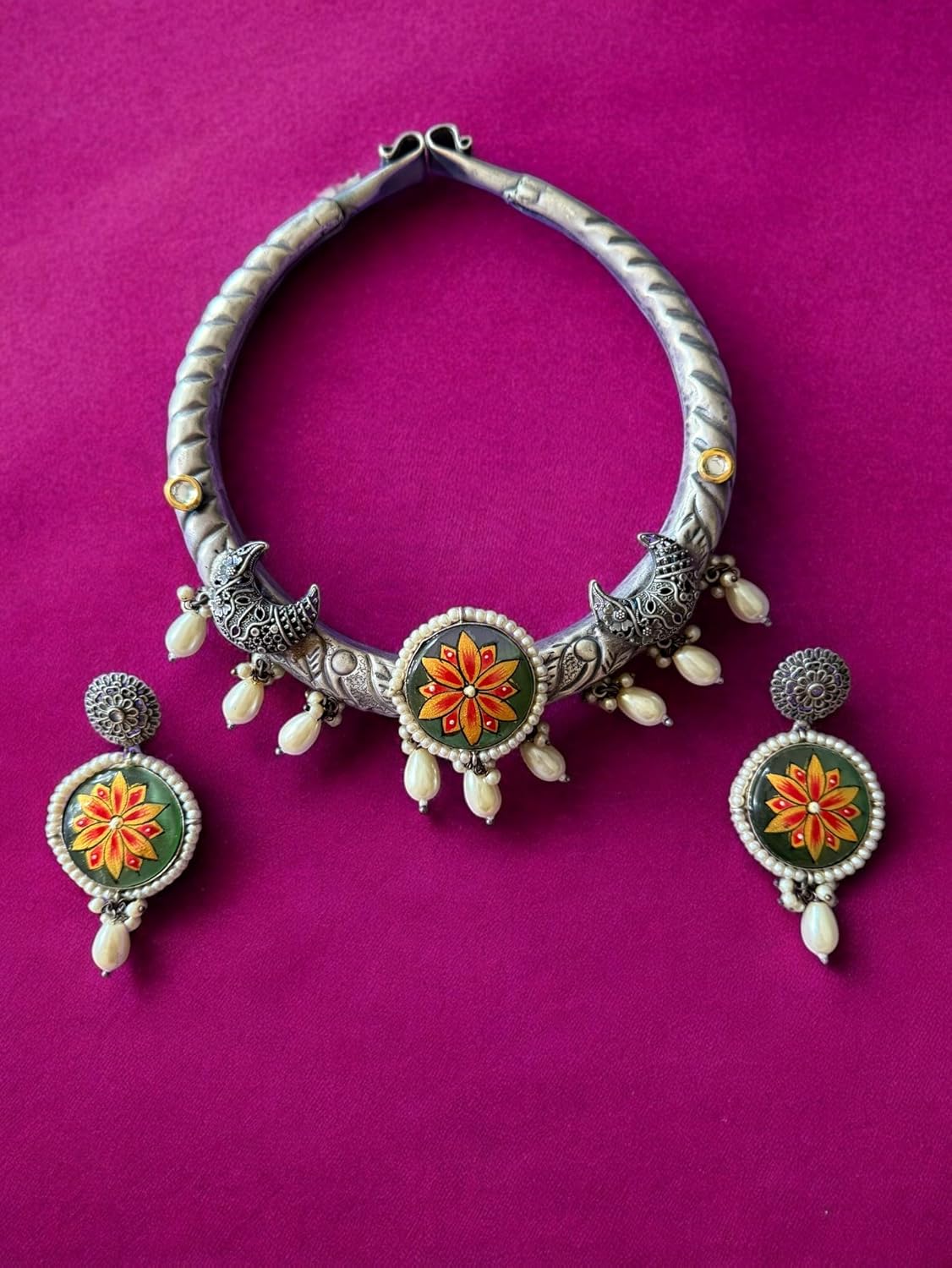 Rebekah Handpainted Handpainted Kalakaari Oxidized Necklace Set