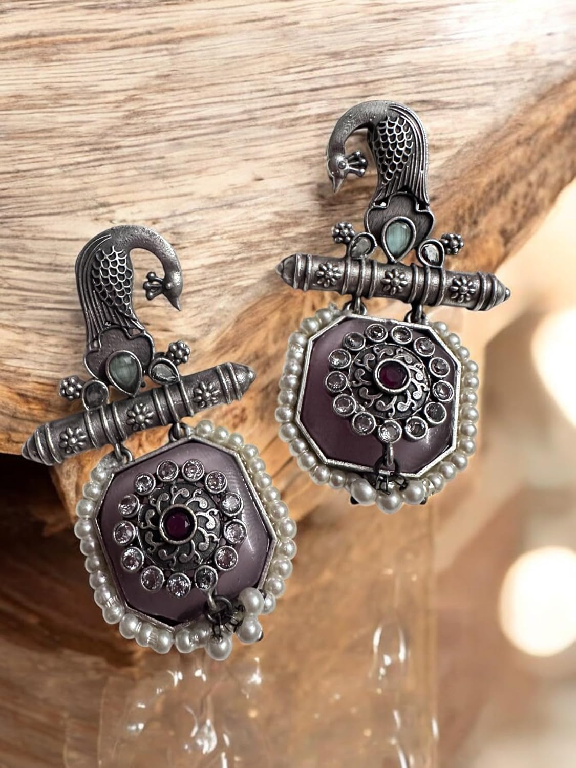 Vintage Style Peacock Jewelry Set, Pearl Beaded Necklace and Earrings, Purple Glass Stone