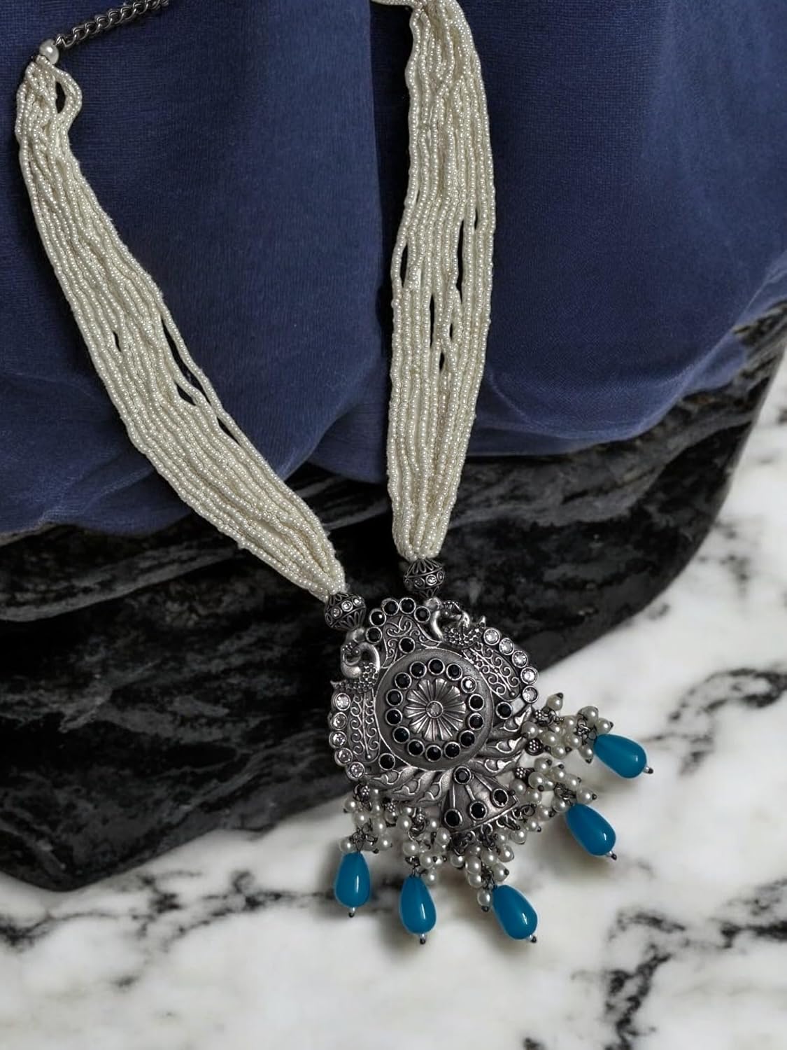 Antique Silver Pendant Necklace Set, Blue Teardrop Beads, Pearl Strings, Oxidised Floral Design
