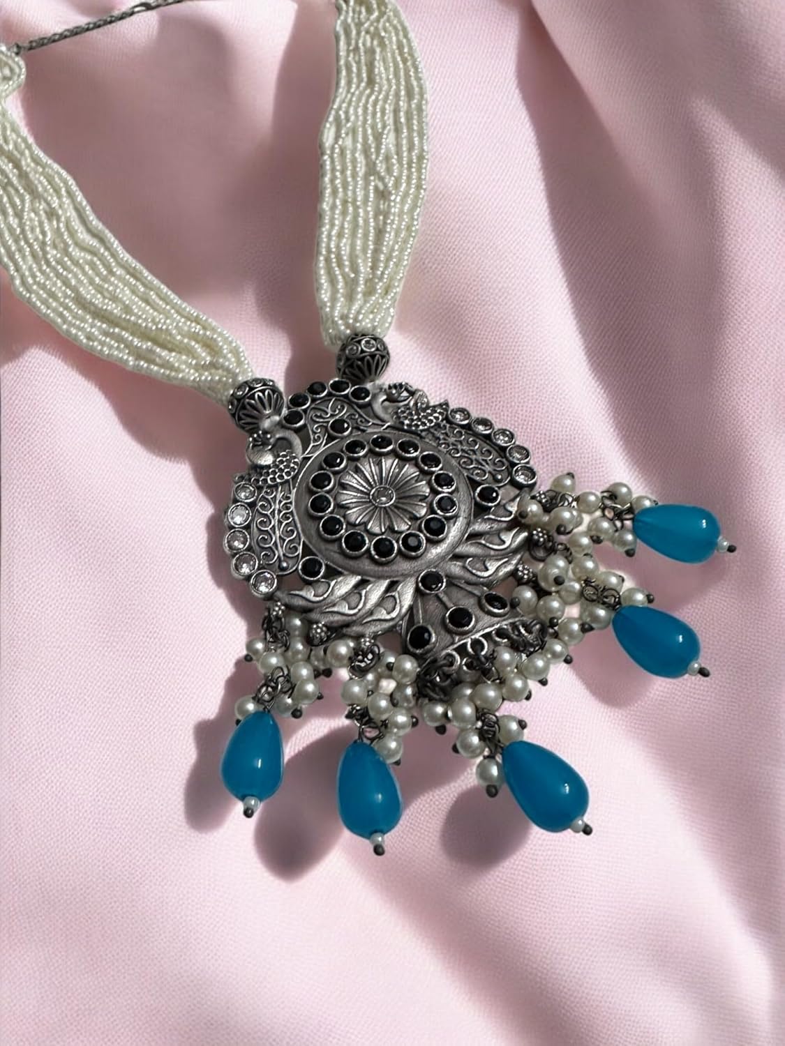 Antique Silver Pendant Necklace Set, Blue Teardrop Beads, Pearl Strings, Oxidised Floral Design