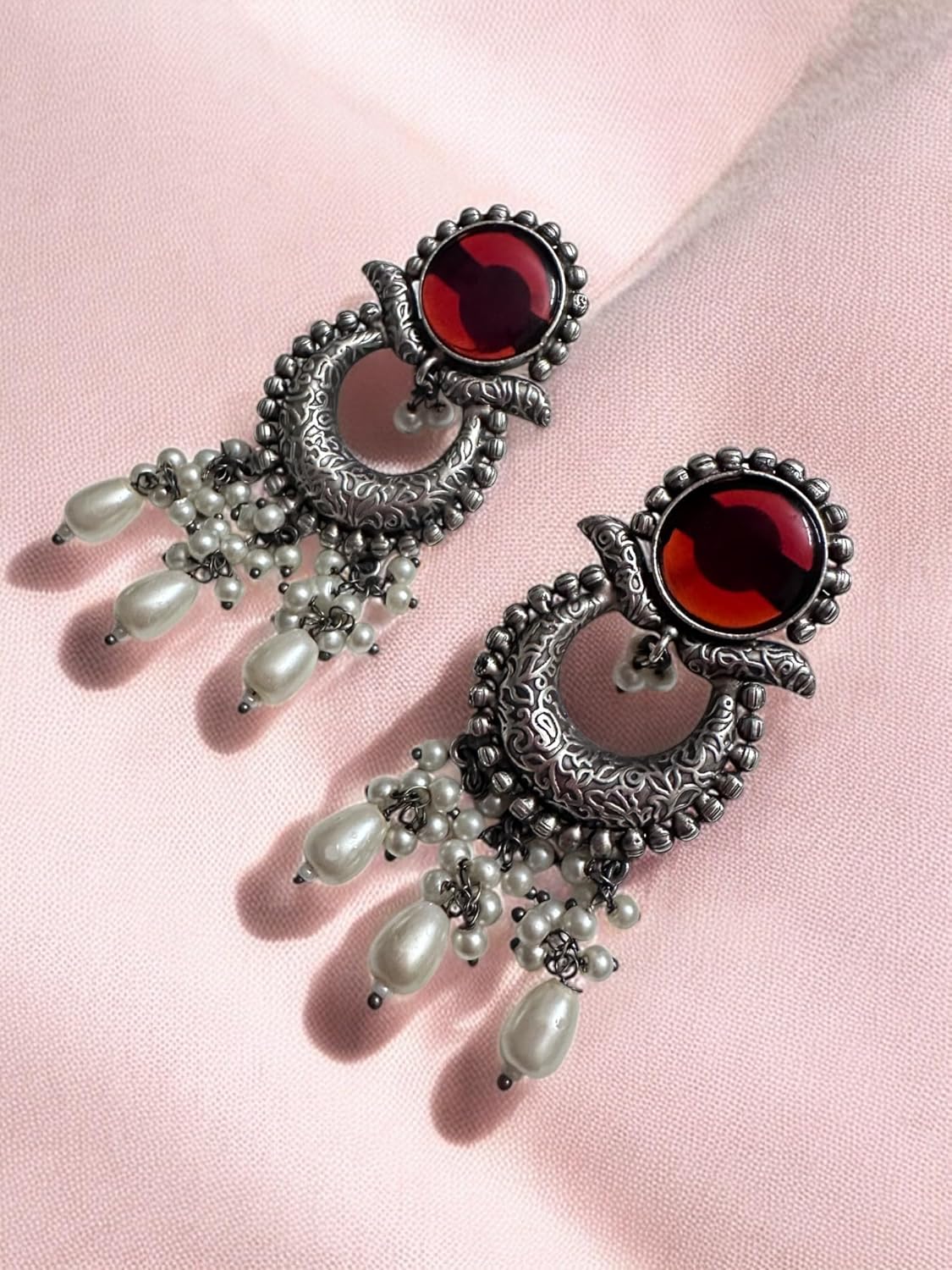 Oxidised Chandbaali Necklace Set with Red Stone and Pearl Drops, Traditional Indian Jewellery
