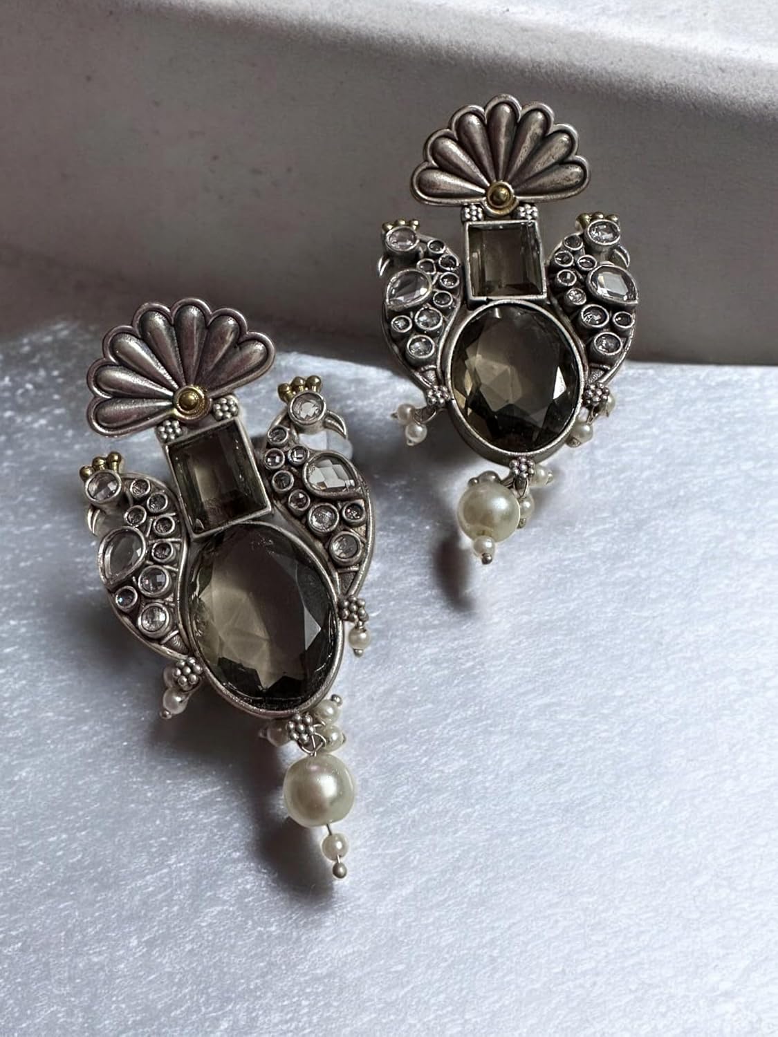 Vintage Style Peacock Jewellery Set, Smoky Crystal and Pearl Pendant Necklace with Matching Earrings, Antique Tone