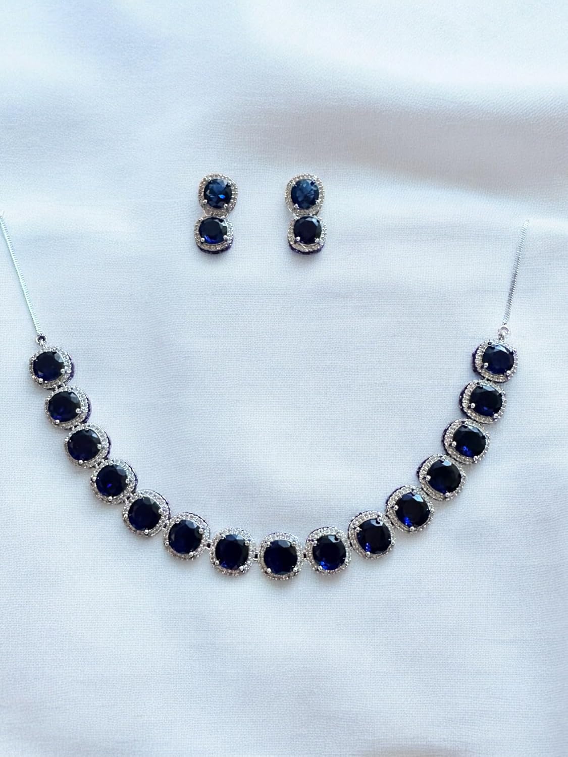 Sterling Silver Necklace and Earrings Set with Blue Sapphire Stones, Halo Design