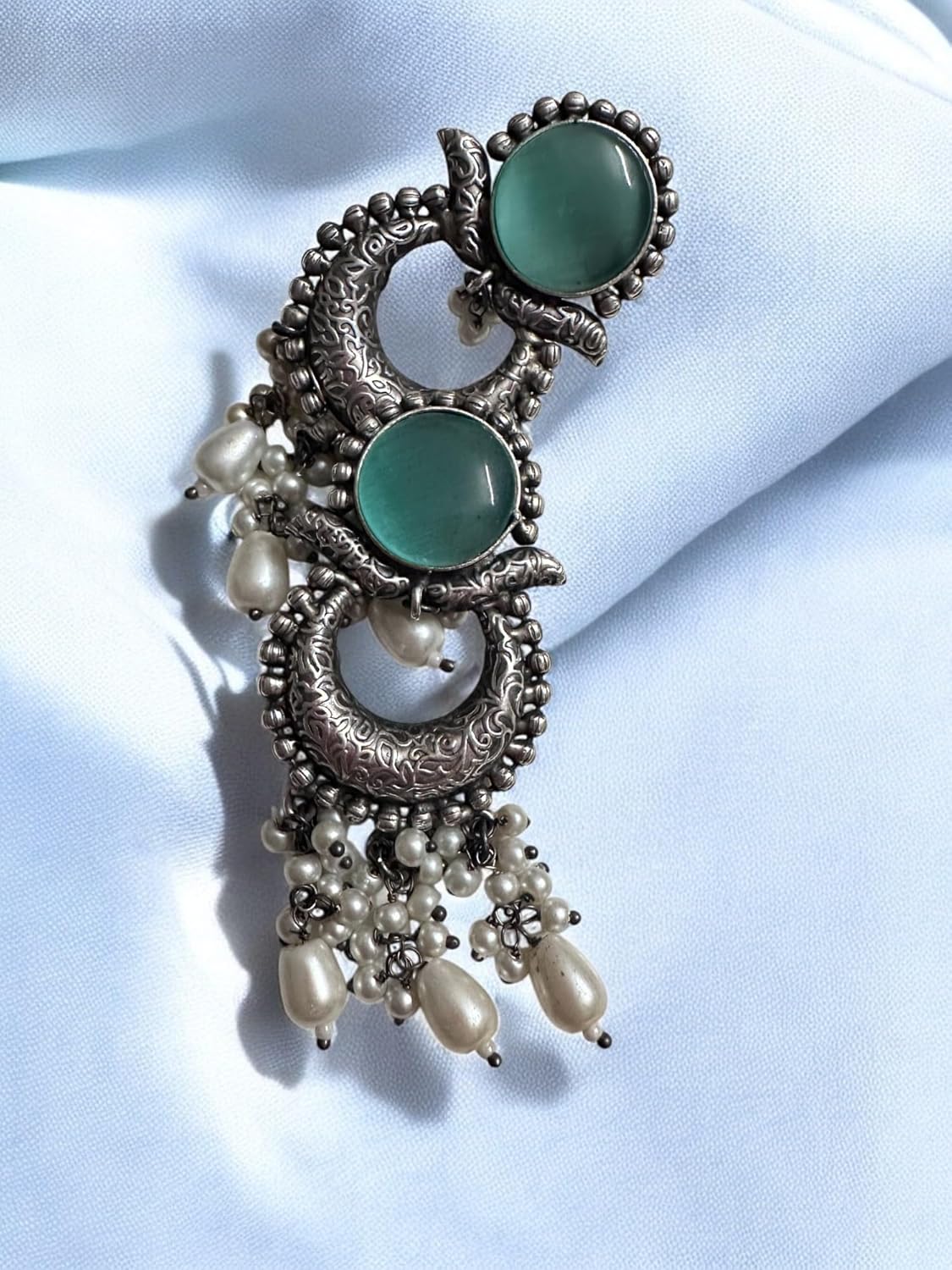 Vintage Style Oxidized Silver Necklace Set with Turquoise Stones, Pearl Drops, Ethnic Chandbaali Design