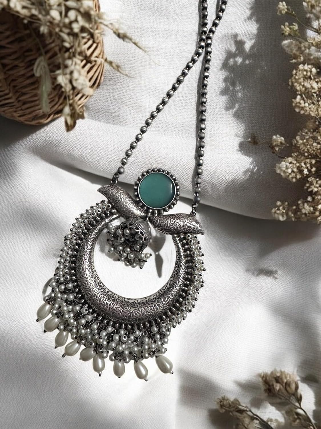 Vintage Style Oxidized Silver Necklace Set with Turquoise Stones, Pearl Drops, Ethnic Chandbaali Design