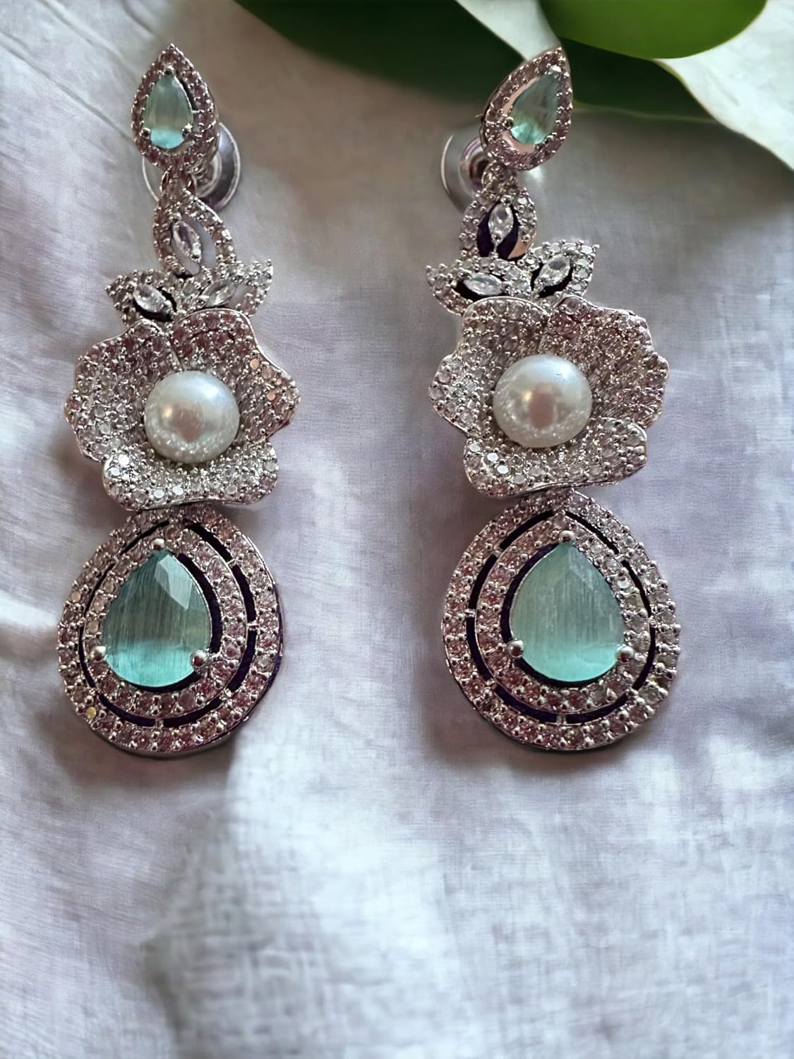 Elegant Pearl and Gemstone Necklace Set with Earrings, Rhodium Plated