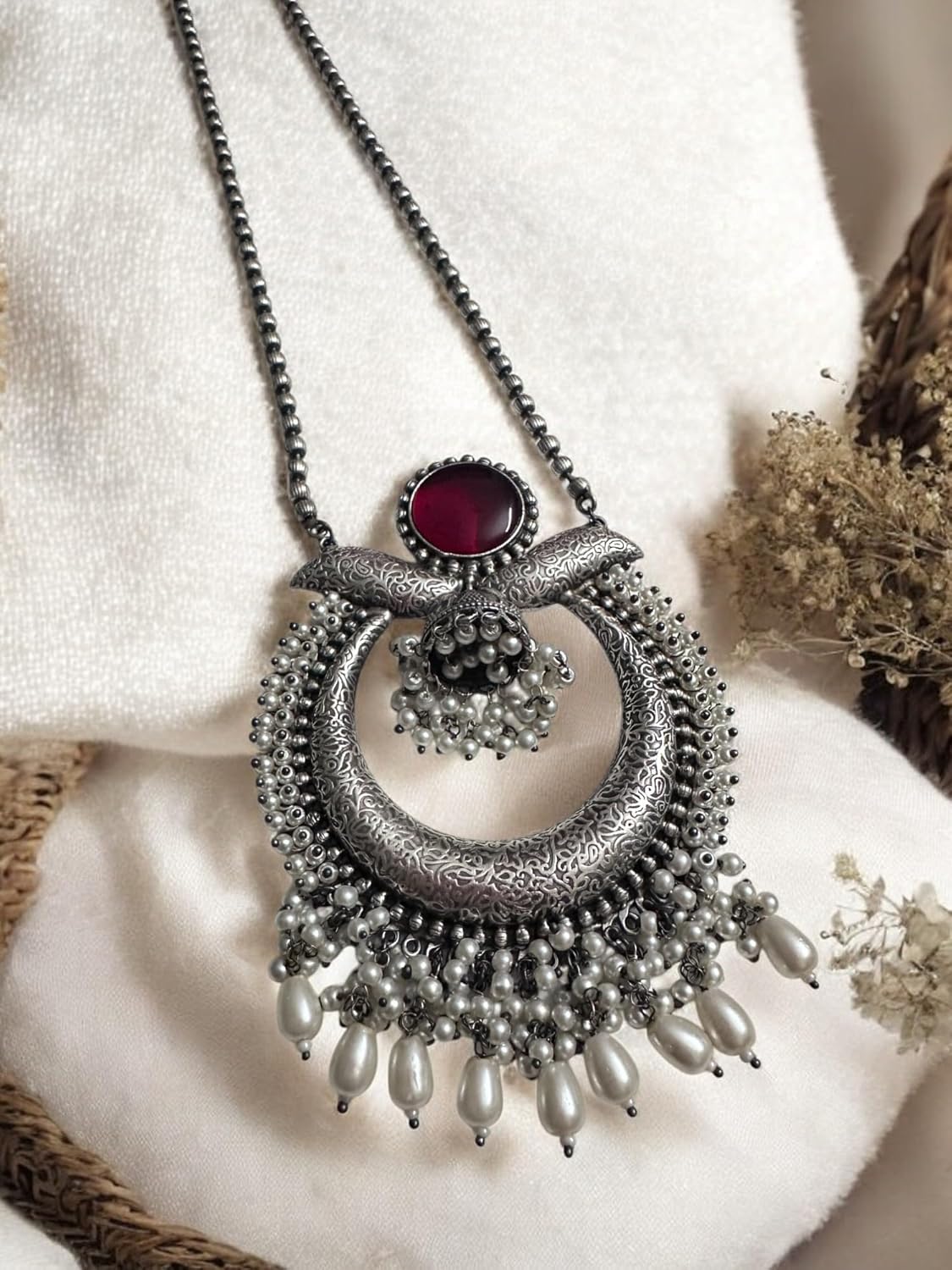 Oxidised Chandbaali Necklace Set with Red Stone and Pearl Drops, Traditional Indian Jewellery