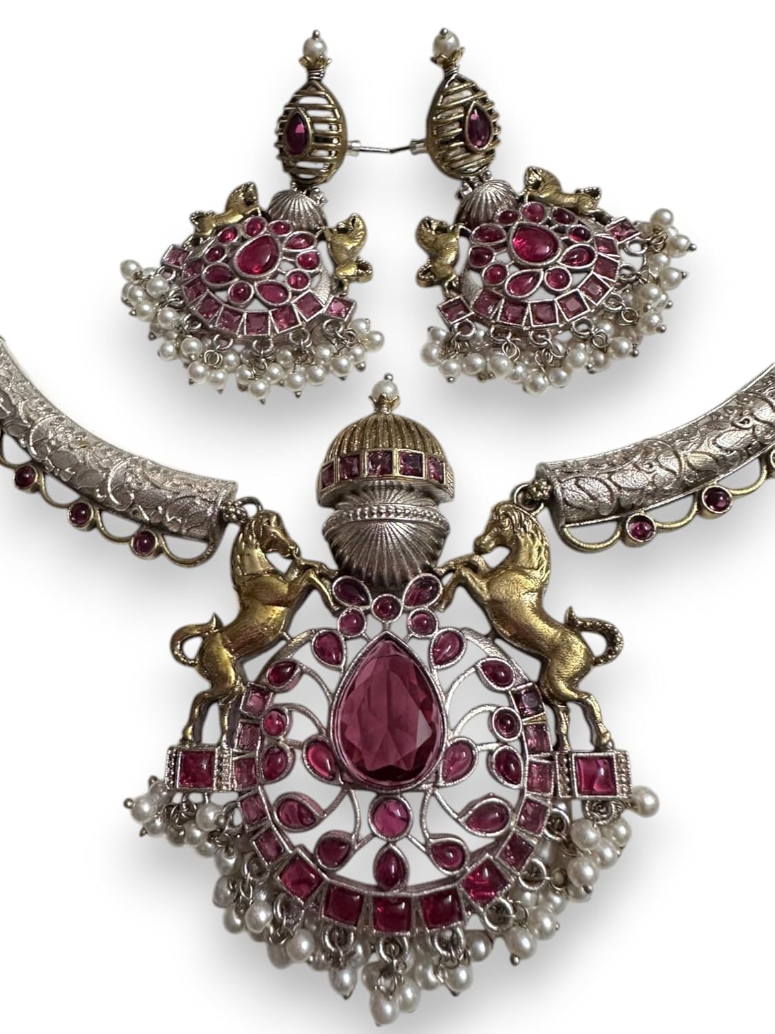 Vintage Style Ruby Red Gemstone Necklace and Earrings Set, Pearl Accents