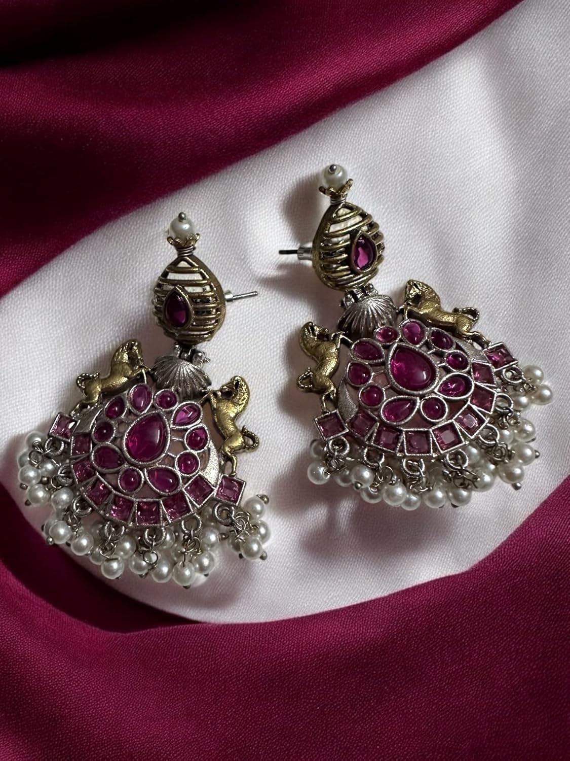 Vintage Style Ruby Red Gemstone Necklace and Earrings Set, Pearl Accents