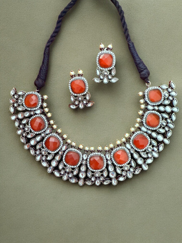 Bold Orange Kundan Antique Choker Necklace set with Pearls